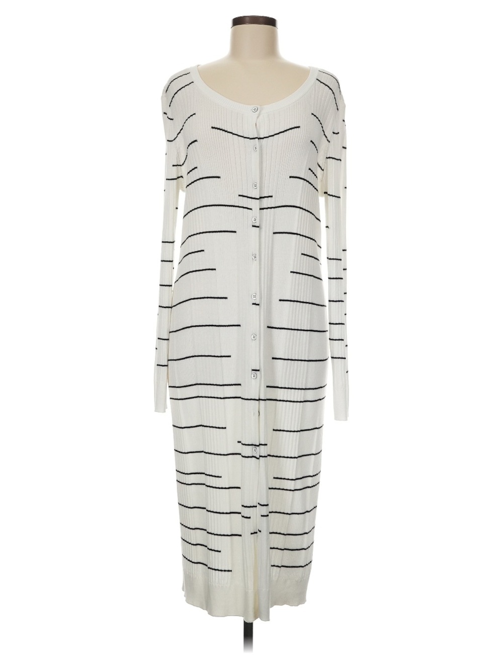 CAbi White Ribbed Long Cardigan with Black Stripes